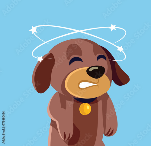 Sick Dog Feeling Dizzy Vector Cartoon Illustration Character. Unhappy puppy having problems with incoordination and imbalance  

