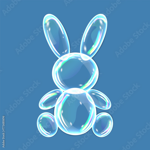 Soap bubbles, water drops in hare shape with shadows on blue background. Vector illustration with water drops. Vector illustration