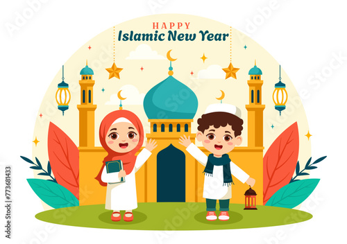 Happy Muharram Vector Illustration of Celebrating Islamic New Year with Mosque, Moon and Lantern Concept in Flat Kids Cartoon Background