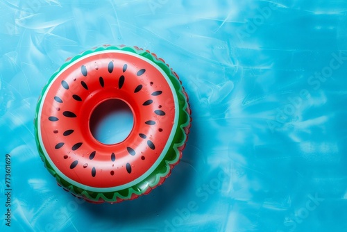 An inflatable watermelon buoyantly floating on a clear blue surface photo