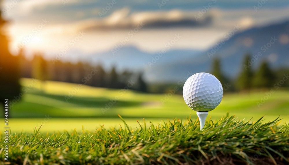 golf ball on tee with the green grass landscape background at sunset