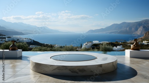 White marble podium with sea view on background