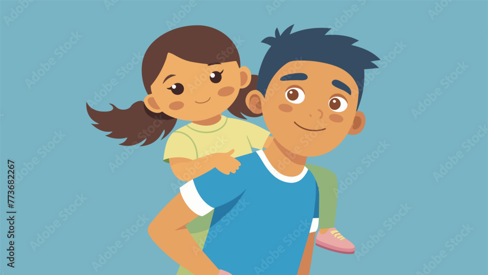 A painting of a big brother carrying his little sister on his back with a look of determination on his face. This image portrays the role of A painting of a big brother carrying his little sister on his back with a look of determination on his face. This image portrays the role of