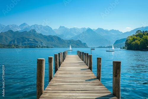 A wooden dock extends out into the calm lake, surrounded by clear blue water on all sides