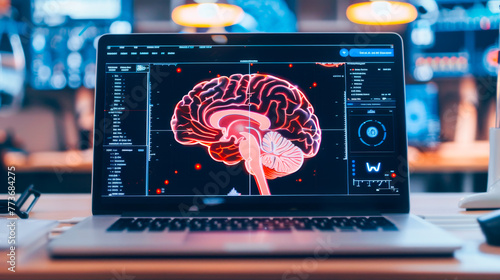 Futuristic Brain Imaging: Exploring Neuroanatomy.  On the screen of a laptop, a sagittal slice of a brain reveals details such as the corpus callosum, brainstem, cerebellum, and the main lobes photo