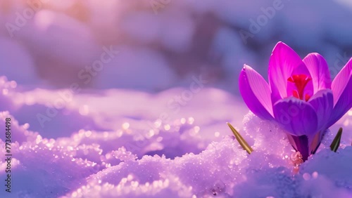Snow melting and crocus flower blooming. 4k video animation