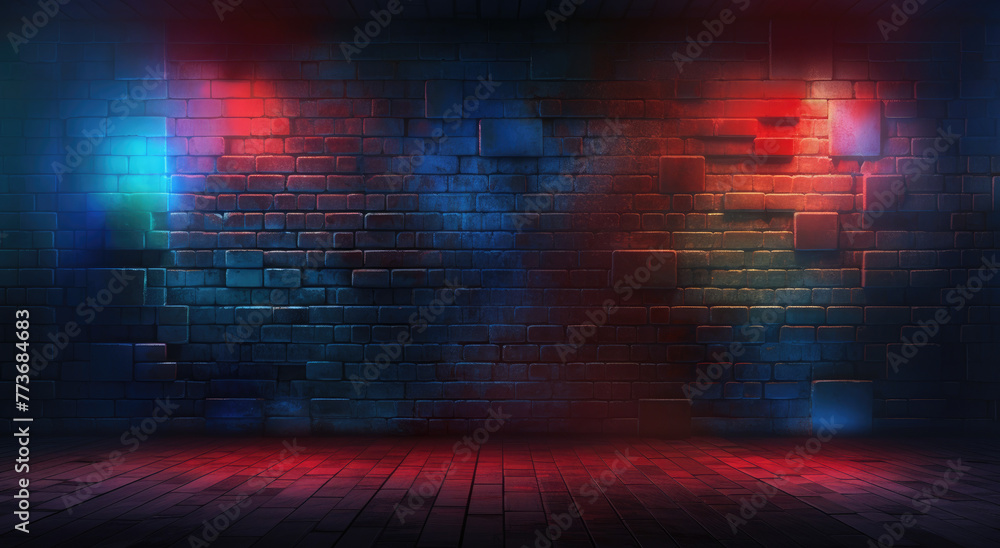 A 3d illustration of brick wall room with blue, red, purple and pink neon lights on wooden floor. Dark background with smoke and bright highlights, night view. Studio shot mockup design - obrazy, fototapety, plakaty 