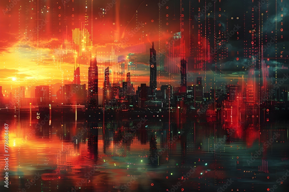 Fintech Inspired Collage with Energizing Trading Visuals and Glowing Urban Cityscape