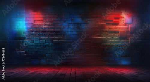 A 3d illustration of brick wall room with blue, red, purple and pink neon lights on wooden floor. Dark background with smoke and bright highlights, night view. Studio shot mockup design photo