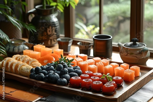 Artfully Arranged Japanese Inspired Breakfast Spread with Fresh Fruits and Pastries on Tatami Mat