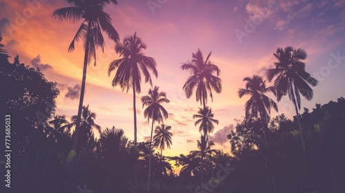 Silhouettes of palm trees stand out against a vibrant tropical sunset