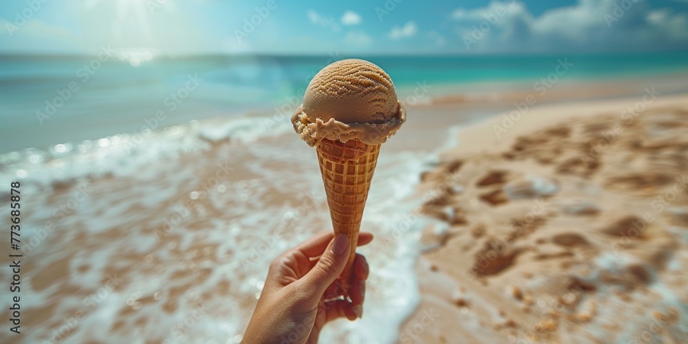 Fototapeta premium A hand holding an ice cream cone in front of the ocean with a soft wave.