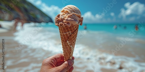 A hand holding an ice cream cone in front of the ocean with a soft wave.