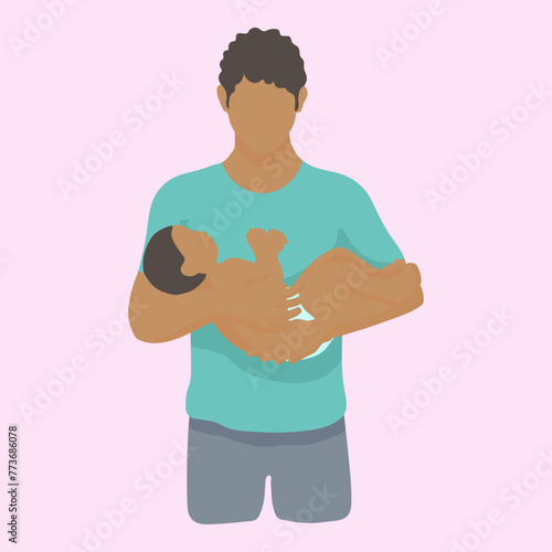 black man stands carefully holding his baby in a diaper. simple vector style in realistic silhouette without face. half height portrait