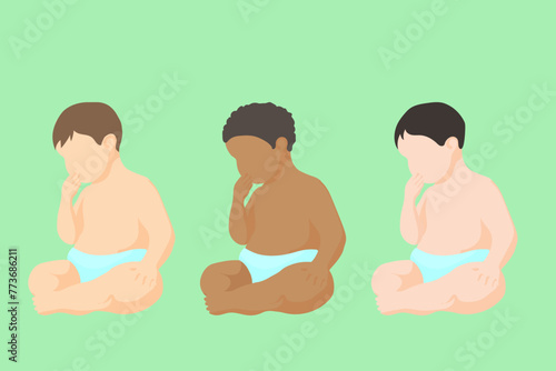 Caucasian, black and Asian babies in diapers sitting sucking on his own fingers. set of sitting kids of different races simple vector style in silhouette