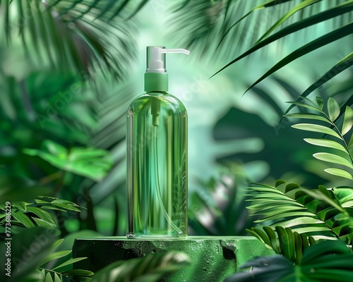 Chemicalfree, organic shampoo showcase, natureinspired design, clear container, vibrant foliage backdrop, frontal perspective photo