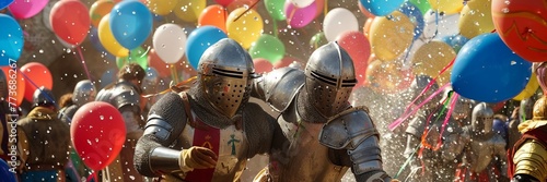 In a twist of history, medieval knights clash, laughter filling the air as water balloons explode like colorful bombs photo
