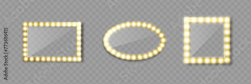 Makeup mirror isolated with gold lights. Vector square and round frames illustration