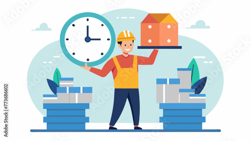 An image of a production worker holding up a newly embled product in front of a large clock counting down symbolizing the speed and efficiency