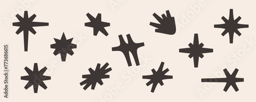 Abstract geometry y2k star element set, retro cyber 90s comet symbol collection, geometric trendy sparkle burst form, streetwear rave magic glow decoration graphic, modern techno acid shape aesthetic,