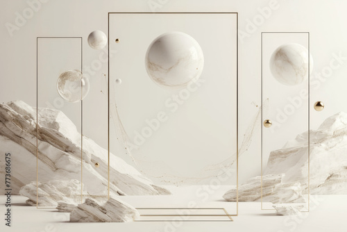3d render  abstract white background with levitating chalk stones rocks with golden frames