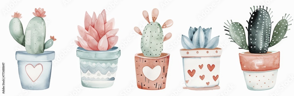 A painting depicting a row of various potted plants arranged neatly in a line, showcasing different shapes and colors A painting depicting a row of various potted plants arranged neatly in a line, showcasing different shapes and colors