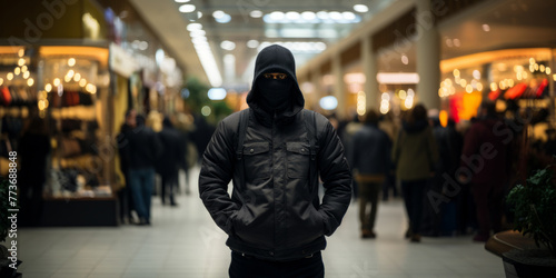  stern man in black balaclava in a shopping center