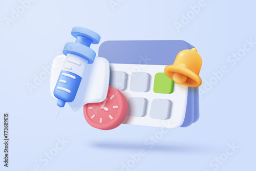 3d calendar marked date and time for reminder with pharmacy drug icon. Vaccination medical equipment, healthcare medicine. medical pharmacy medicament. 3d alarm clock icon vector render illustration