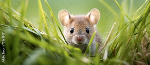 Among the lush green blades, a tiny mouse is concealed in the verdant grass, blending into its natural habitat © AkuAku