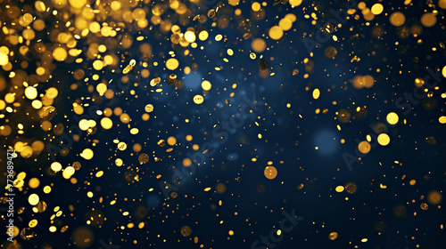 Gold confetti and navy background. Golden scattered Christmas dust . Generative Ai