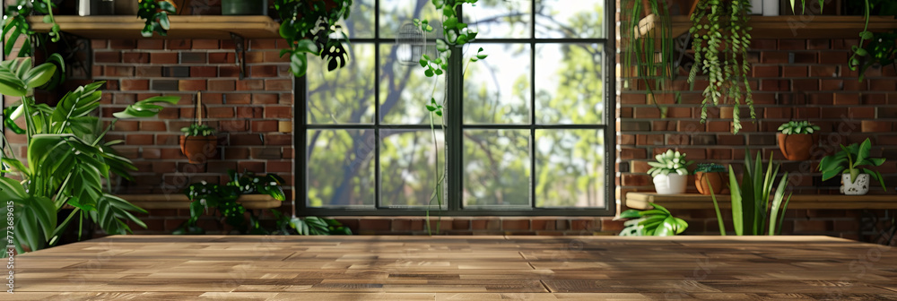 close up of an empty wooden table with a rustic brick wall in the background, generative AI close up of an empty wooden table with a rustic brick wall in the background, generative AI
