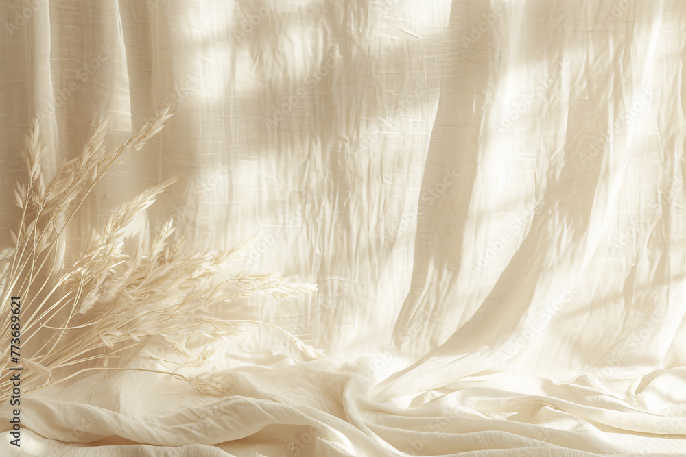 Boho wedding backdrop with natural light shadows on beige linen cloth texture. 