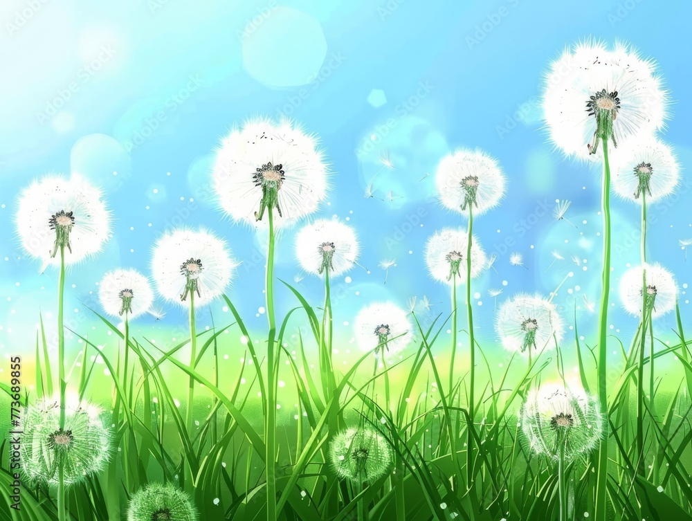 A field of dandelions with a bright blue sky in the background