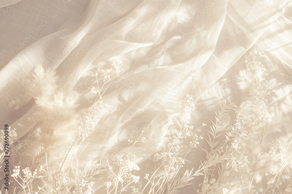 Boho wedding backdrop with natural light shadows on beige linen cloth texture. Boho wedding backdrop with natural light shadows on beige linen cloth texture.