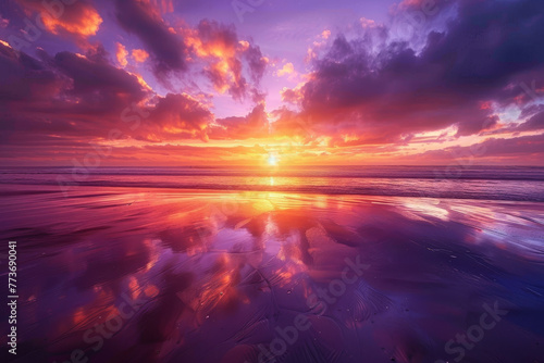 A beautiful sunset over the ocean with a reflection of the sun on the water