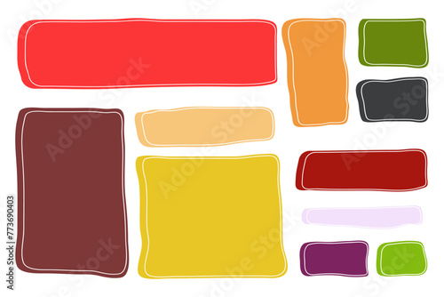 Colorful vibrant collection of rectangular designs, hand drawn with a brush. Set of frames for text. Blank vector text box.