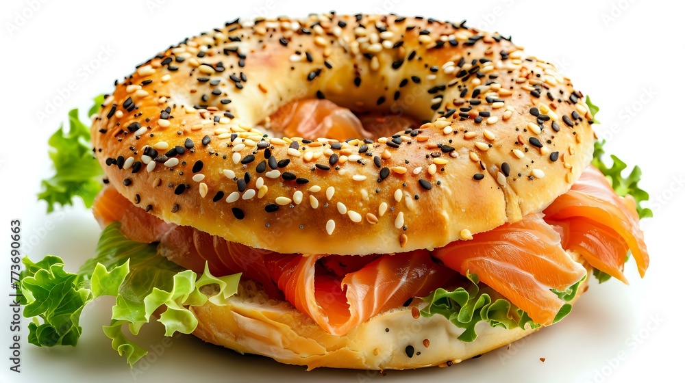 Savory Salmon Bagel: Mouthwatering Delight, Presented on White Background. Savory Salmon Bagel: Mouthwatering Delight, Presented on White Background.