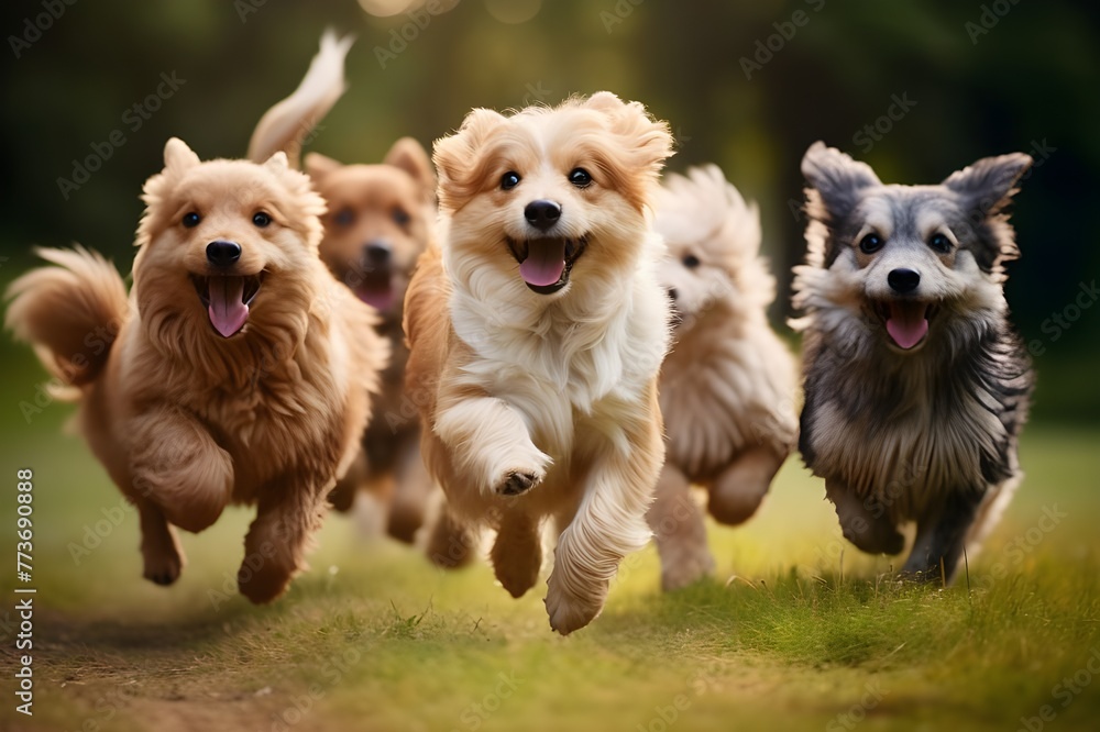 Group of cute dogs running and playing on the green grass in the park
