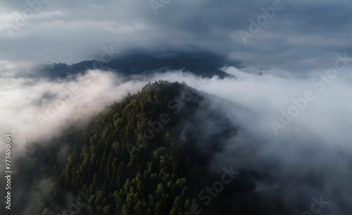 Misty Mountain Landscape with Clouds: A serene scene of fog veiling the majestic peaks, creating an ethereal atmosphere in this mountain landscape. © Robert Kiyosaki