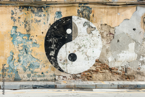 A wall with a yin and yang symbol painted on it photo