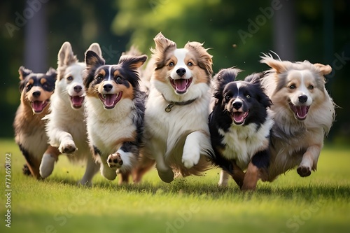 A group of dogs running in a park 