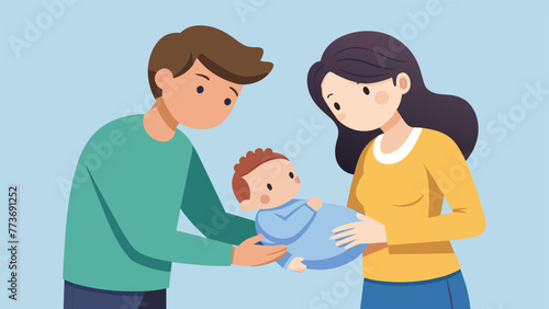 A drawing of an older sibling trying to involve themselves in playing with the new baby but the parents intervened and the older sibling is photo