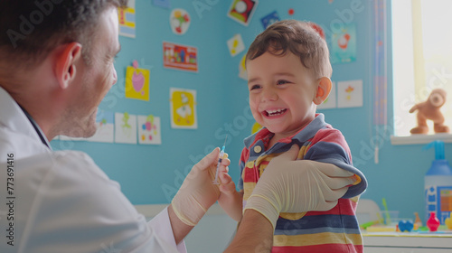 Within a brightly lit clinic filled with vibrant stickers and scattered toys, a cheerful child eagerly receives a vaccination from a pediatrician, their smile beaming with courage photo