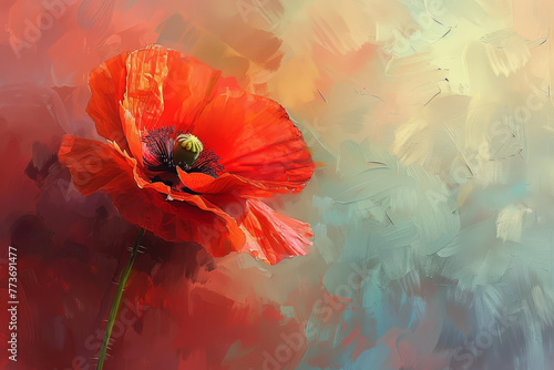 A red poppy flower is the main focus of the painting