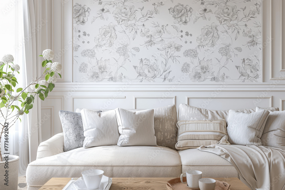 A white couch with pillows and a white wall behind it A white couch with pillows and a white wall behind it