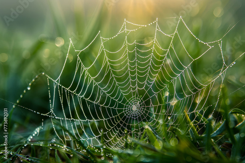 A spider web is shown in a field of grass