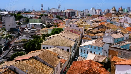 Aerial view of the houses and buildings on the Pelourinho neigbourhood and some people walking around, Salvador, Bahia, Brazil photo