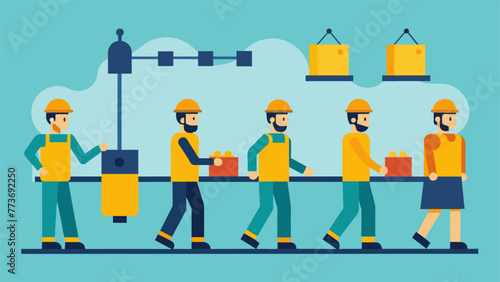 A shot of a group of workers conducting a mock production line demonstrating their crossfunctional knowledge and ability to work together