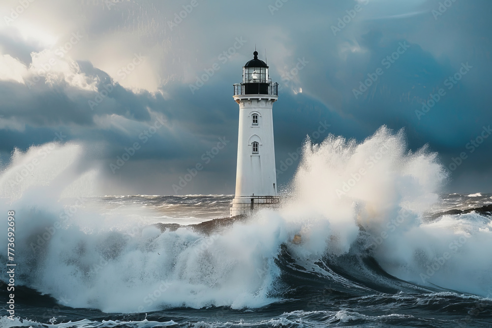 A lighthouse is in the middle of a large wave