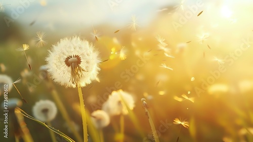 Summer Breeze  Dandelion Seeds Flutter Across Vibrant Field Backdrop